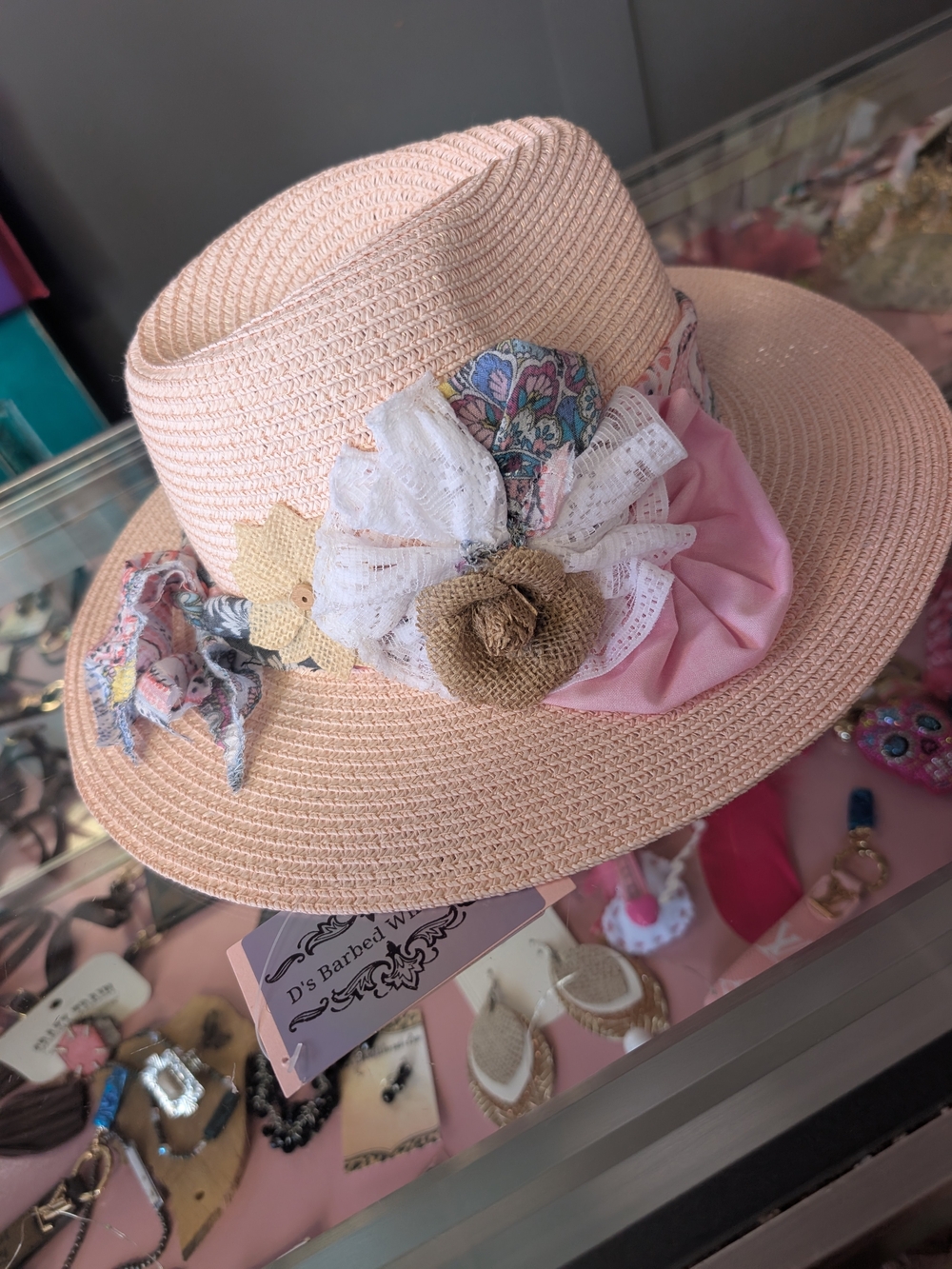 Pink Women's Straw Sun Hat with Floral Trim